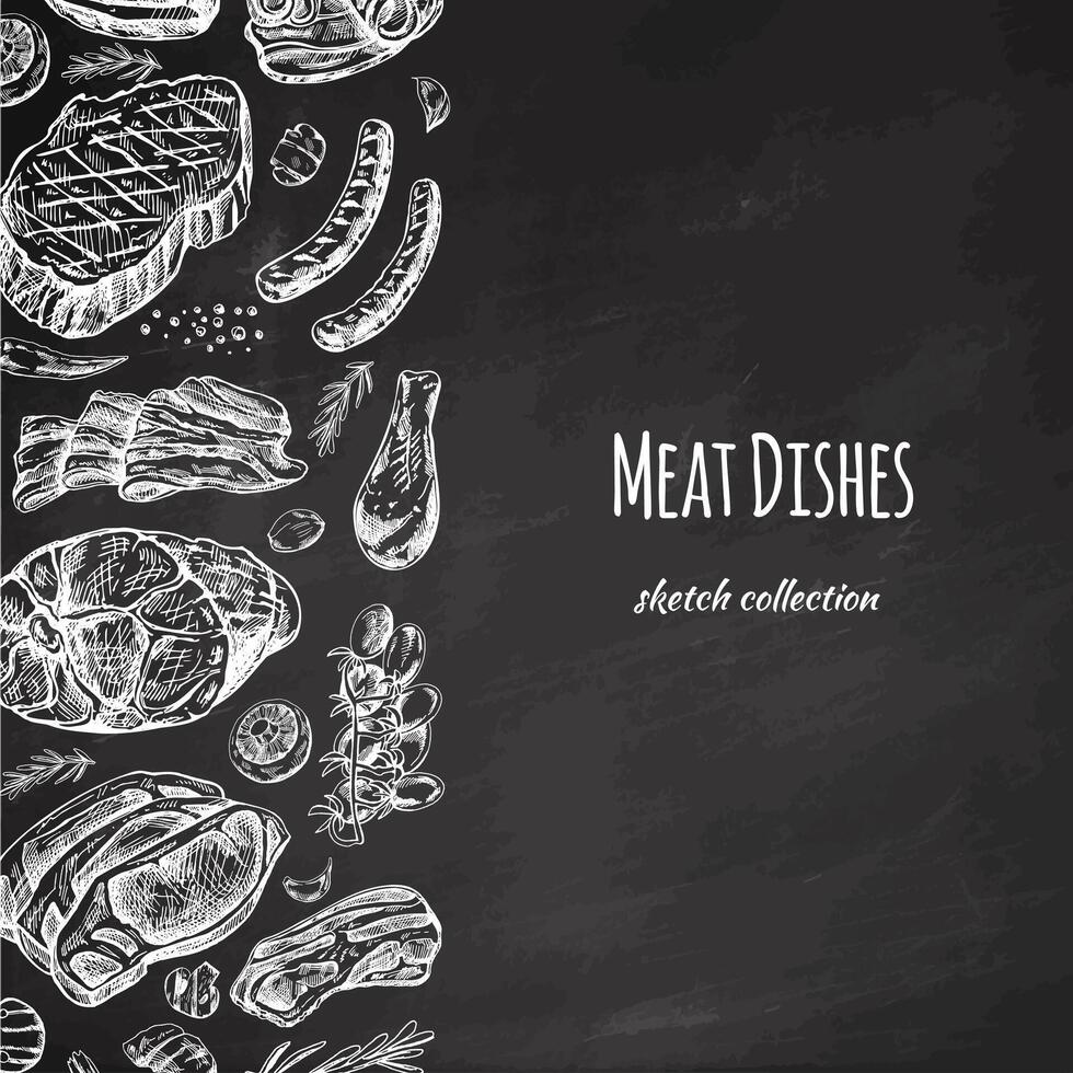 carne e verdure menù modello nel inciso Vintage ▾ stile. disegnato a mano schizzi di barbecue carne pezzi con erbe aromatiche e condimenti su lavagna sfondo. vettore