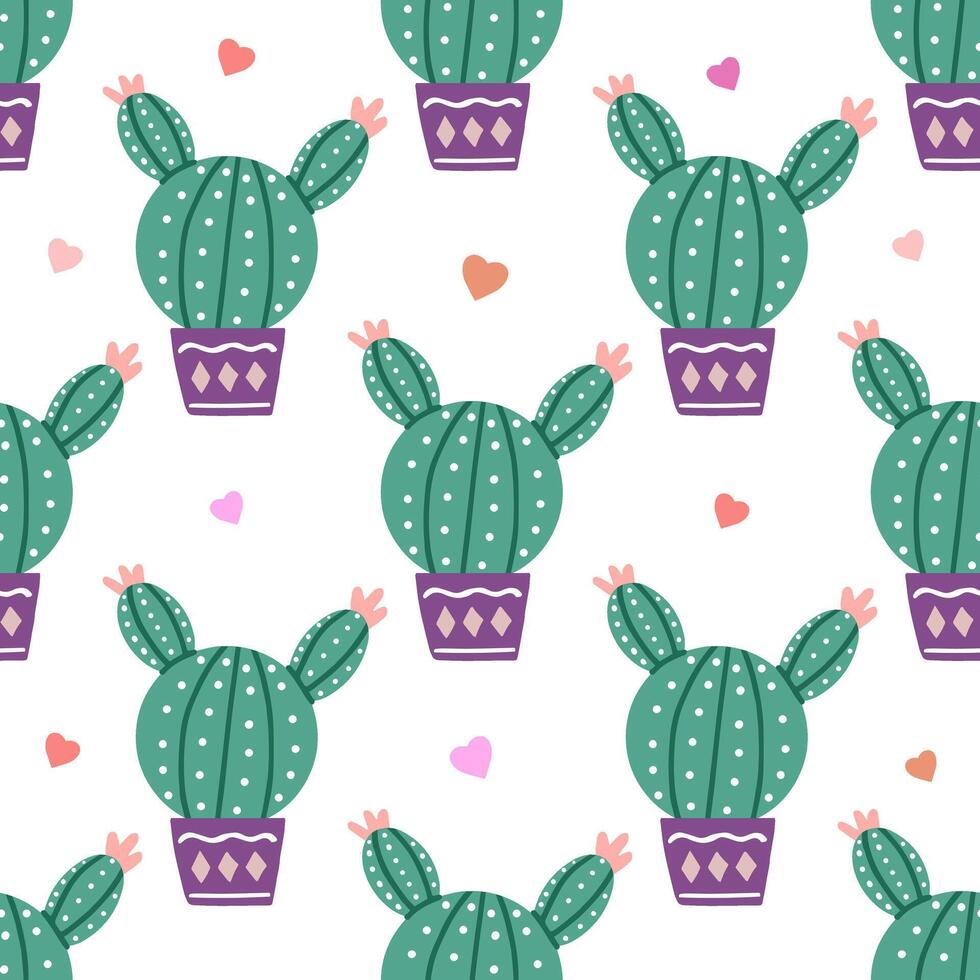 disegnato a mano vettore senza soluzione di continuità modello di cactus. piatto stile illustrazione di coperto di spine pianta, fioritura cactus, succulento pianta nel colorato ceramica pentola. casa pianta, Messico cactus fiore.