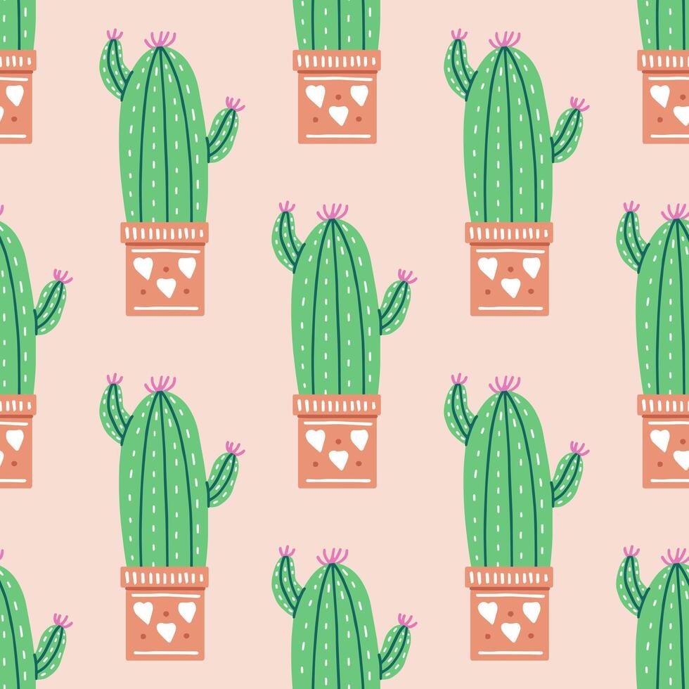 disegnato a mano vettore senza soluzione di continuità modello di cactus. piatto stile illustrazione di coperto di spine pianta, fioritura cactus, succulento pianta nel colorato ceramica pentola. casa pianta, Messico cactus fiore.