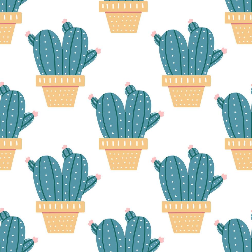 disegnato a mano vettore senza soluzione di continuità modello di cactus. piatto stile illustrazione di coperto di spine pianta, fioritura cactus, succulento pianta nel colorato ceramica pentola. casa pianta, Messico cactus fiore.