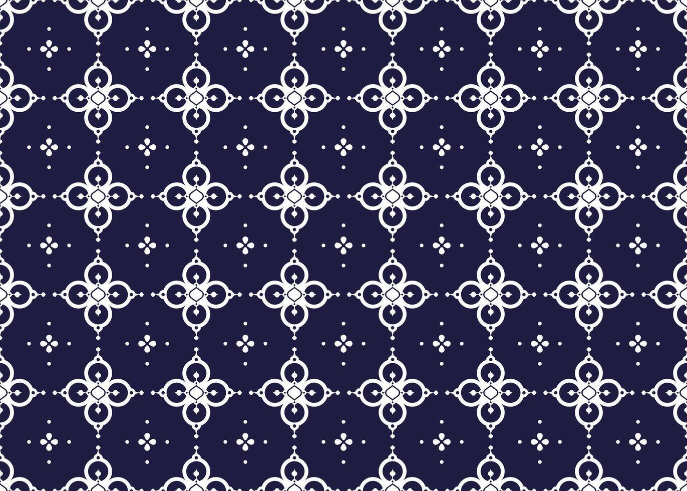 simbolo geometrico bianca fiori su buio blu sfondo senza soluzione di continuità tessuto etnico modello per stoffa tappeto sfondo involucro eccetera. vettore