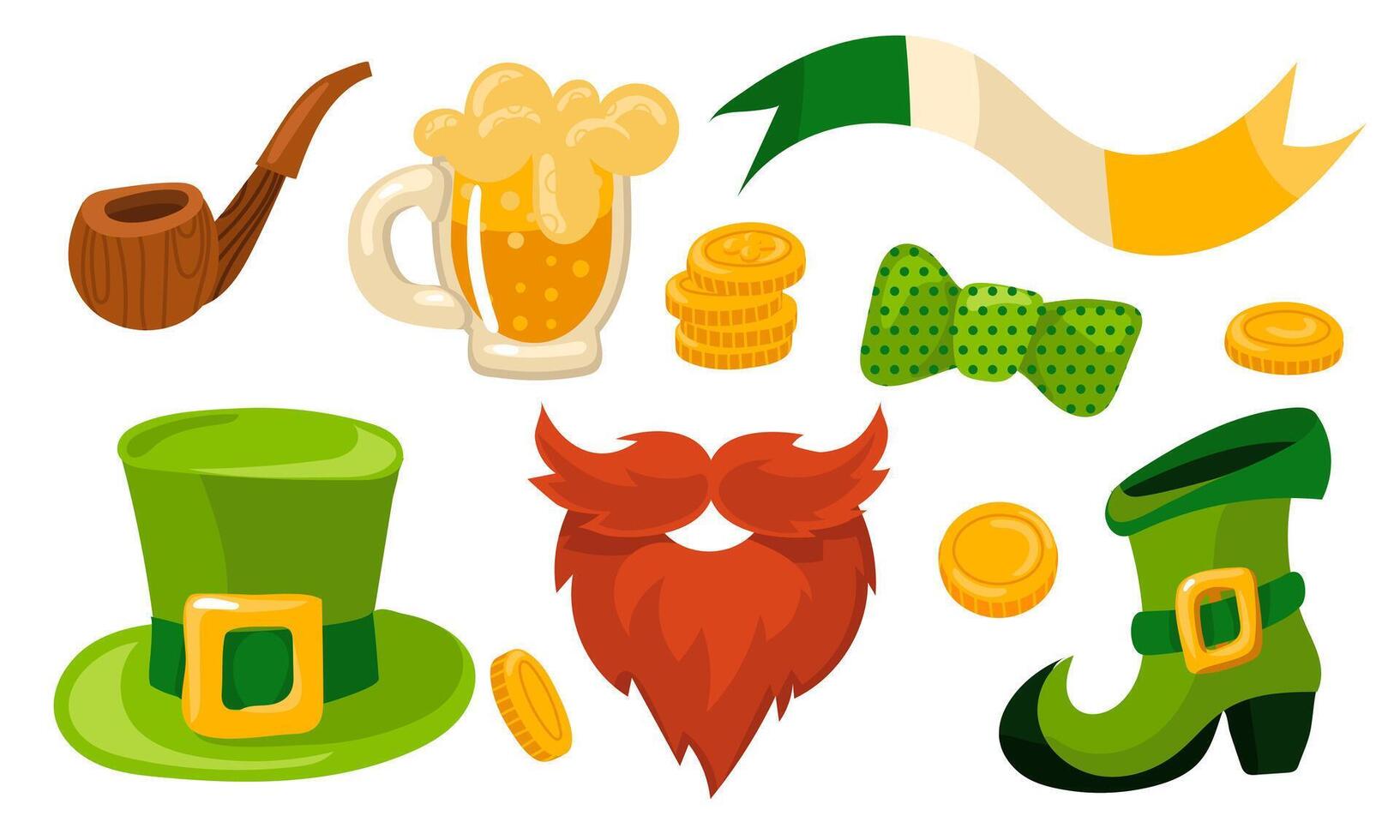 un' impostato di vettore design elementi per st. Patrick giorno. fata cappello, rosso barba, di legno tubo, birra tazza, irlandesi bandiera, verde avvio, arco, oro monete. isolato elementi per un' vacanza su un' bianca sfondo