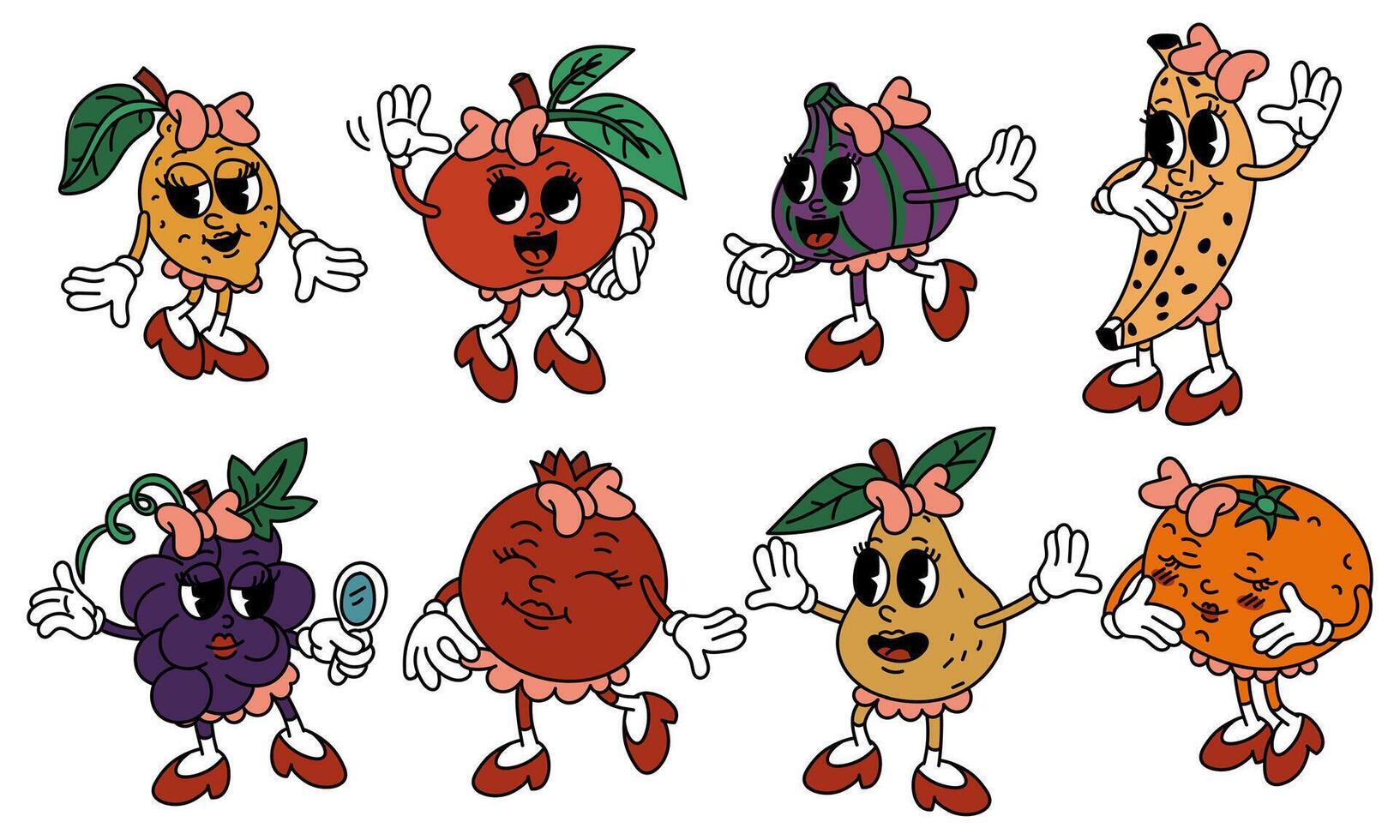 un' impostato di retrò Groovy frutta personaggi. retrò frutta ragazze con emozioni, nel diverso pose. un' moderno illustrazione con carino comico libro personaggi. disegnato a mano scarabocchi di comico libro personaggi. colori vettore