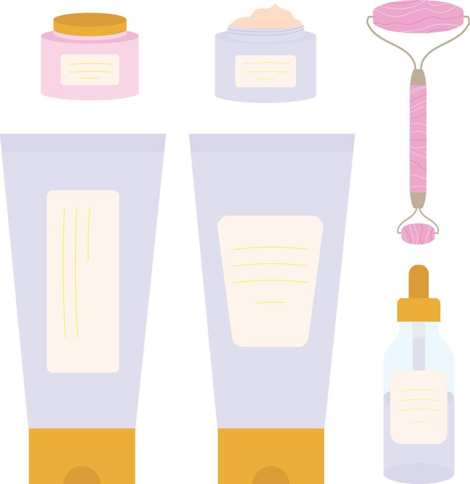 vettore clipart con biologico pelle cura prodotti, massaggio rullo, viso olio, viso crema, massaggio olio, siero, occhio crema, maschera. casa bellezza pelle cura routine.