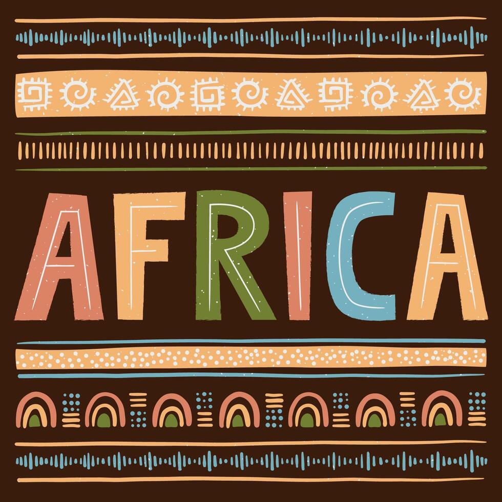 Africa concetto con mano lettering testo. stilizzato africano modello su buio sfondo. etnico e tribale motivi. mano disegnato. orizzontale strisce. per striscione, manifesto, volantino. vettore illustrazione