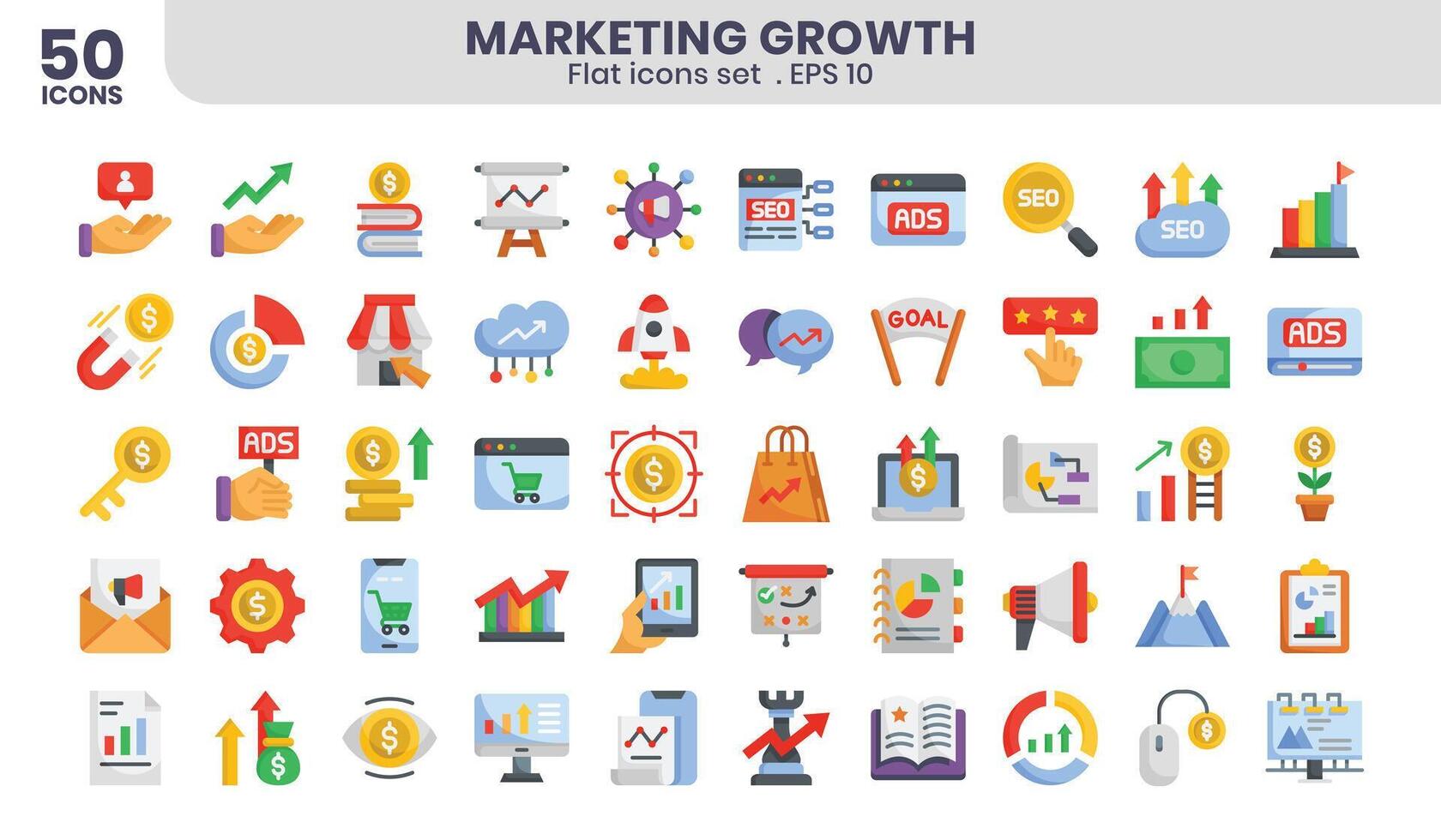marketing crescita piatto icone impostato vettore
