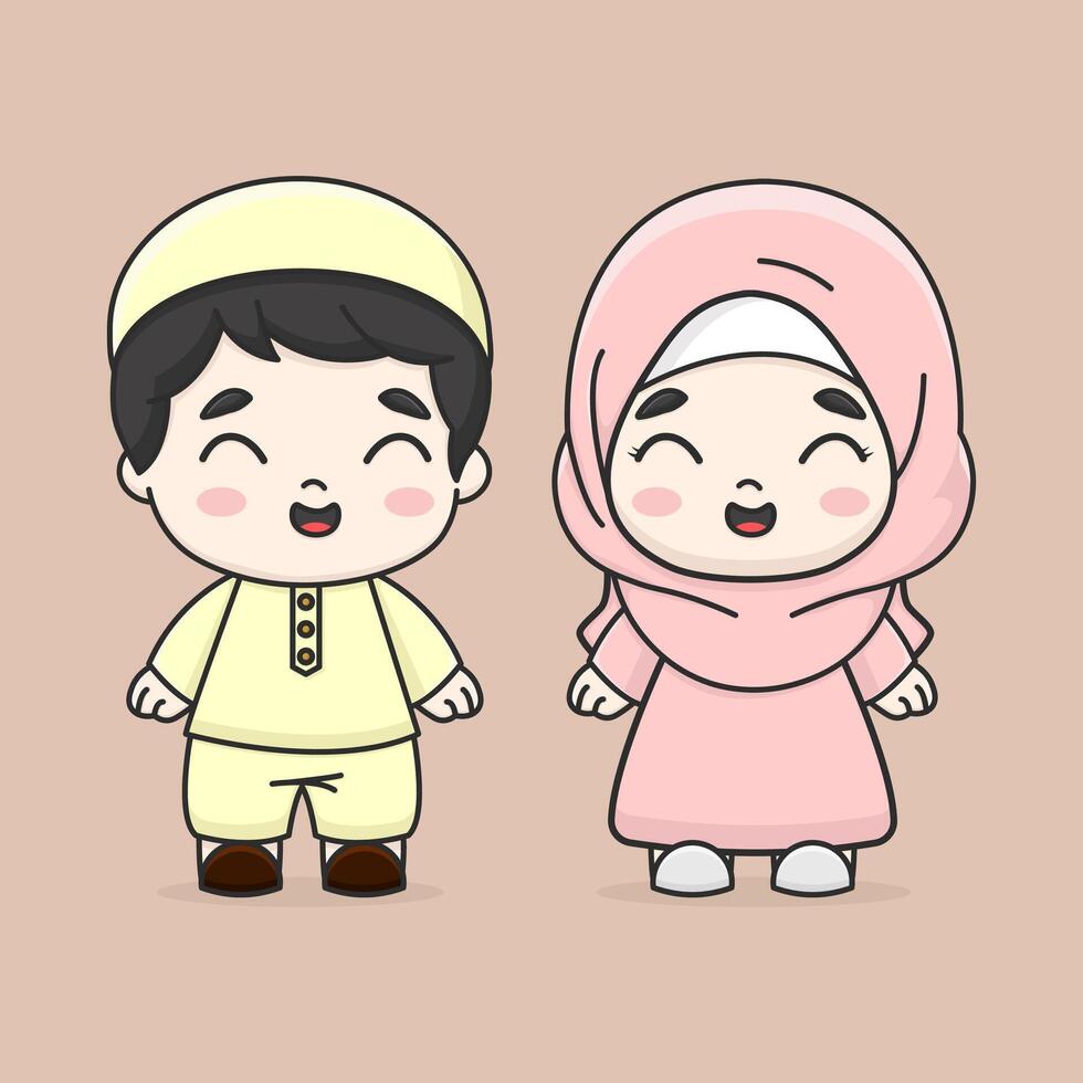 carino musulmano coppia cartone animato 3 vettore