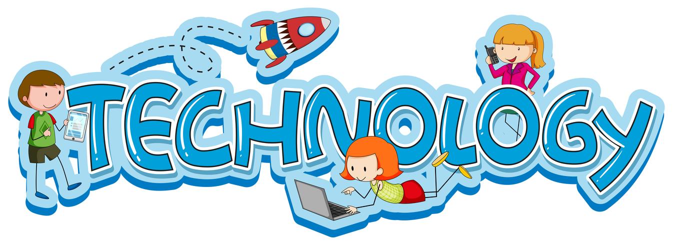 Word design per la tecnologia con bambini e gadget vettore