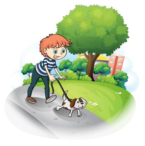 Un ragazzo che cammina con il suo cane lungo la strada vettore