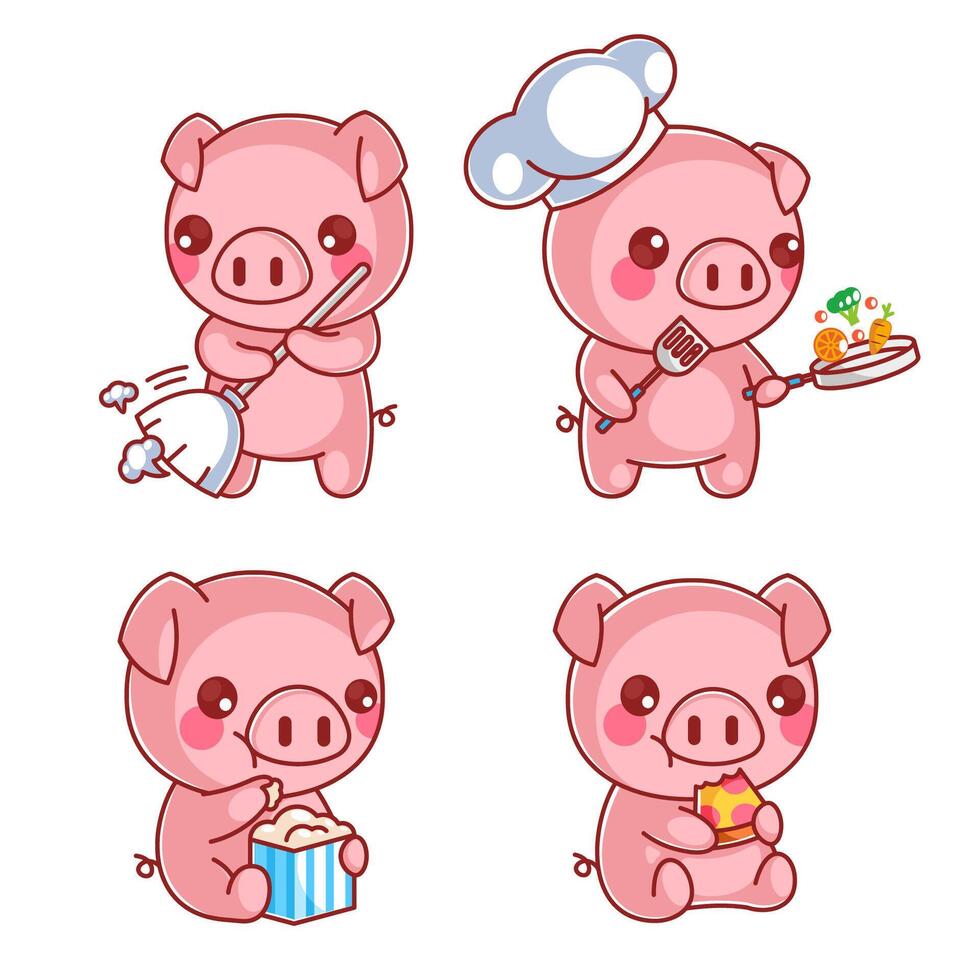 carino maiale mangiare cartone animato stile impostato vettore