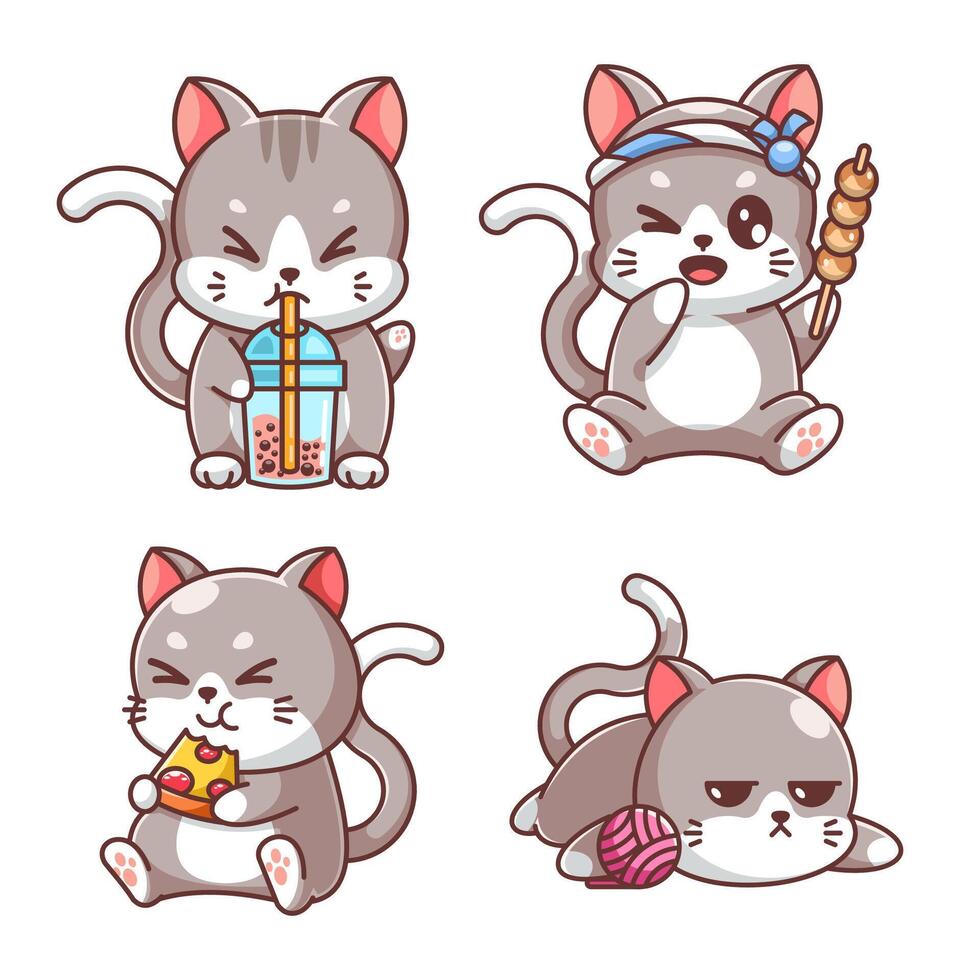 carino gatto mangiare e potabile, cartone animato stile impostato vettore