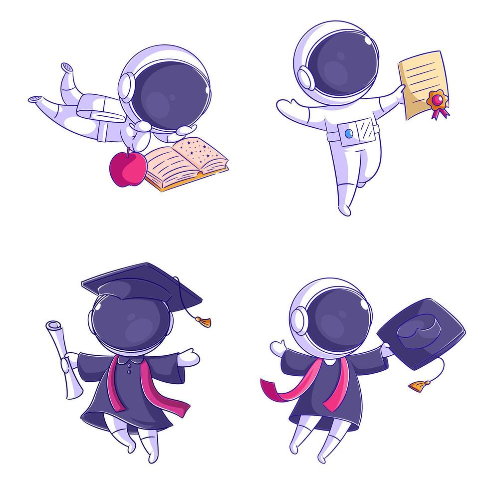 carino astronauta festeggiare la laurea, cartone animato stile impostato vettore