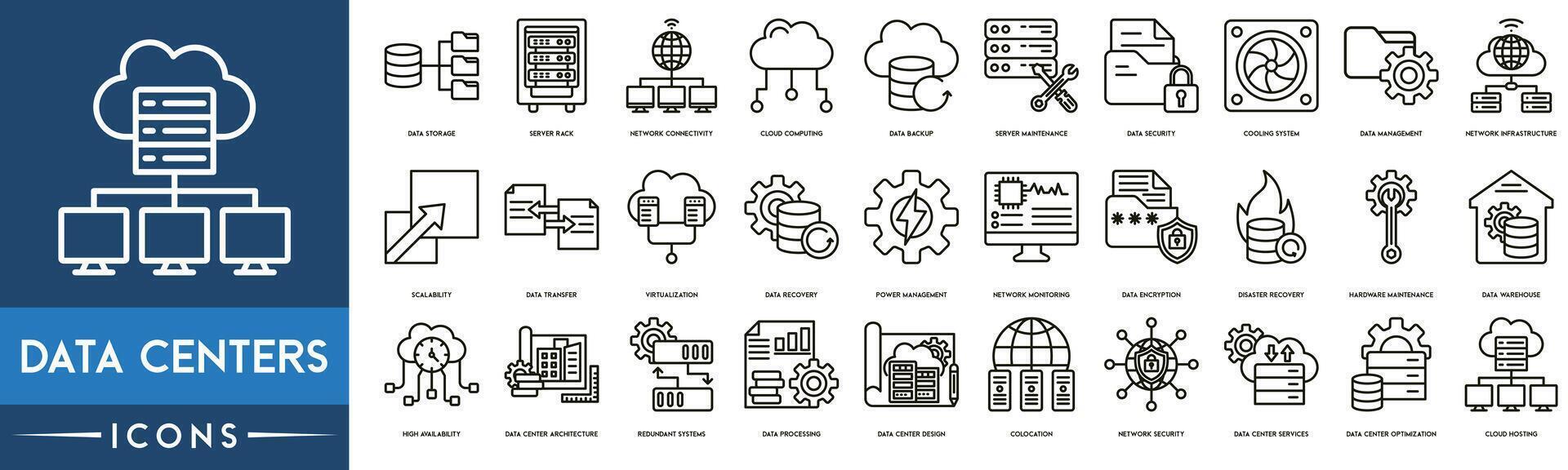 dati centri icona. dati Conservazione, server, Rete connettività, nube informatica, backup, server Manutenzione, sicurezza, dati gestione, virtualizzazione e dati recupero icona impostare. vettore