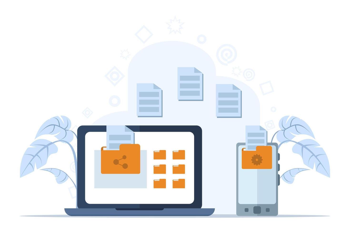 file trasferimento concetto, nube tecnologia, caricare e Scarica, dati backup, documento Conservazione, attività commerciale personaggi trasferimento File fra dispositivi, piatto vettore illustrazione su sfondo.