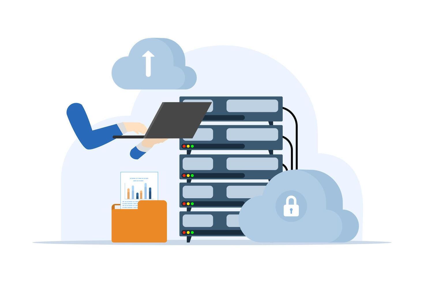 concetto di nube informatica, dati centro, file gestione, nube Conservazione, ragnatela ospitando servizio. Banca dati per documenti e File. caricare e Scarica dati, file gestione. dati trasferimento, backup. vettore