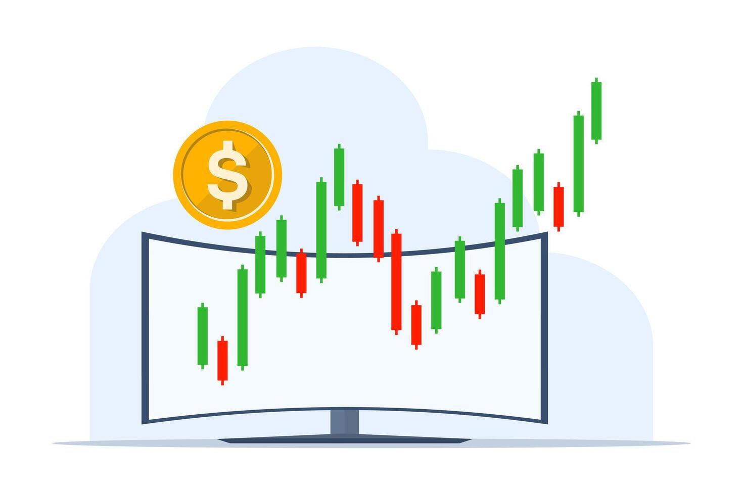 azione mercato investimento commercio attività commerciale candeliere grafico. rialzista punto, tendenza grafico. computer con attività commerciale grafici e dollaro monete, dollaro scambio Vota aumento. piatto vettore illustrazione.