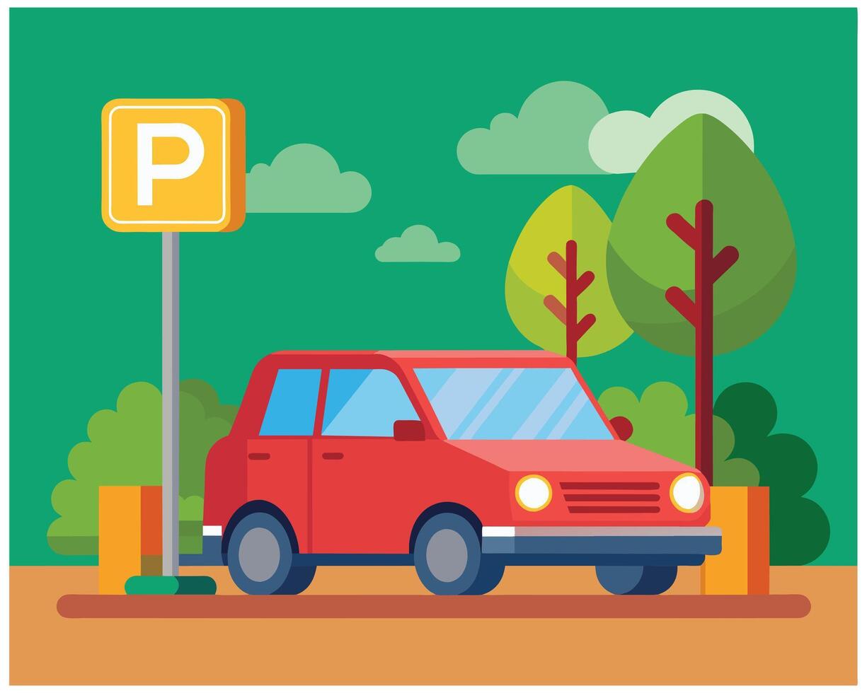 parcheggiata auto parcheggio lotto e veicolo gratuito parco la zona prato illustrazione su bianca sfondo vettore