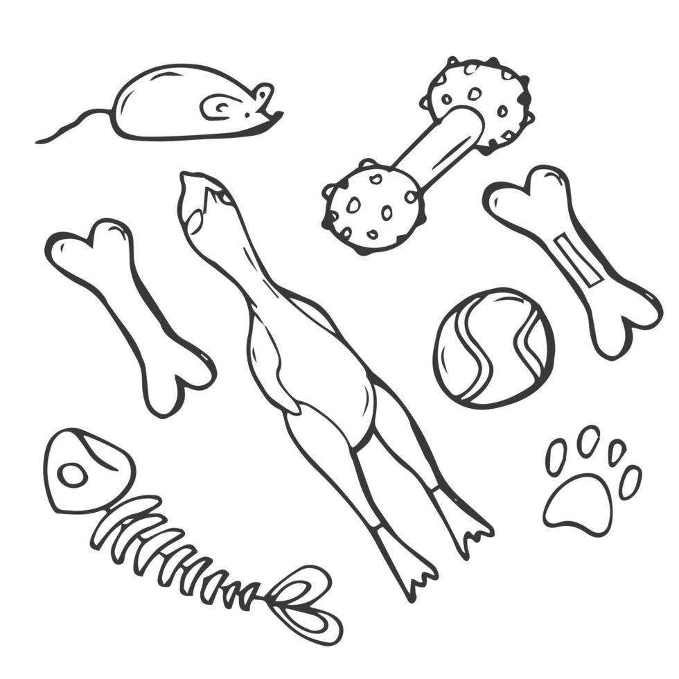 illustrazione di vettore del giocattolo del cane disegnato a mano del fumetto bianco e nero isolata su un fondo bianco. concetto di roba per animali domestici. attrezzature per l'addestramento dei cuccioli, accessori, cibo, dolcetti.