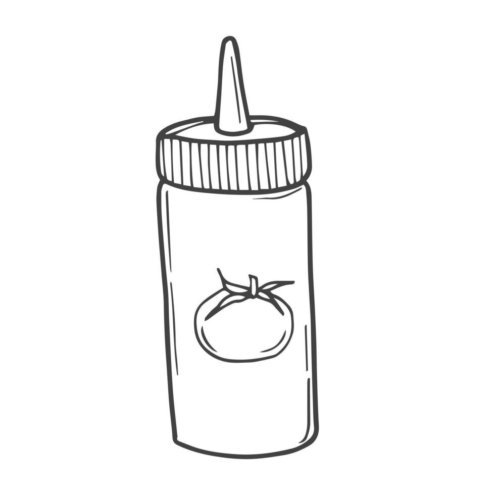 ketchup salsa nel bottiglia schema icona vettore illustrazione. linea mano disegno pomodoro ketchup condimento per bbq