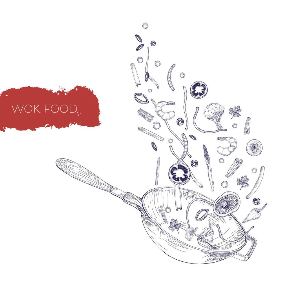monocromatico realistico disegno di wok padella e la verdura, funghi, tagliatelle, spezie frittura e lanciare su. Cinese cucinando nave mano disegnato nel antico stile con contorno Linee. vettore illustrazione.