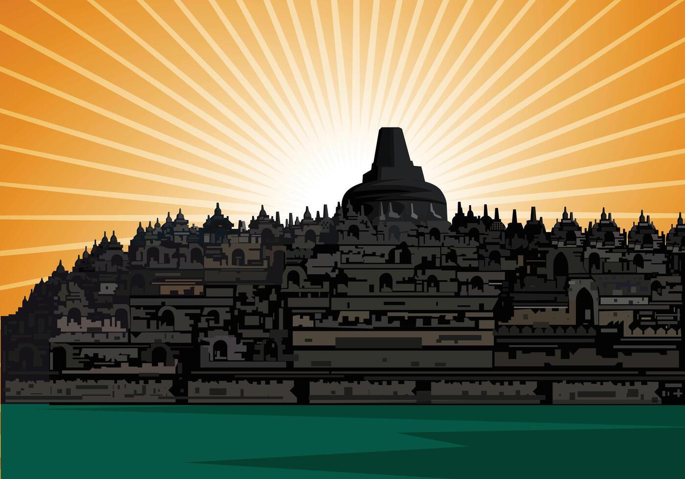 Borobudur tempio esplosione di sole vettore per sfondo design.