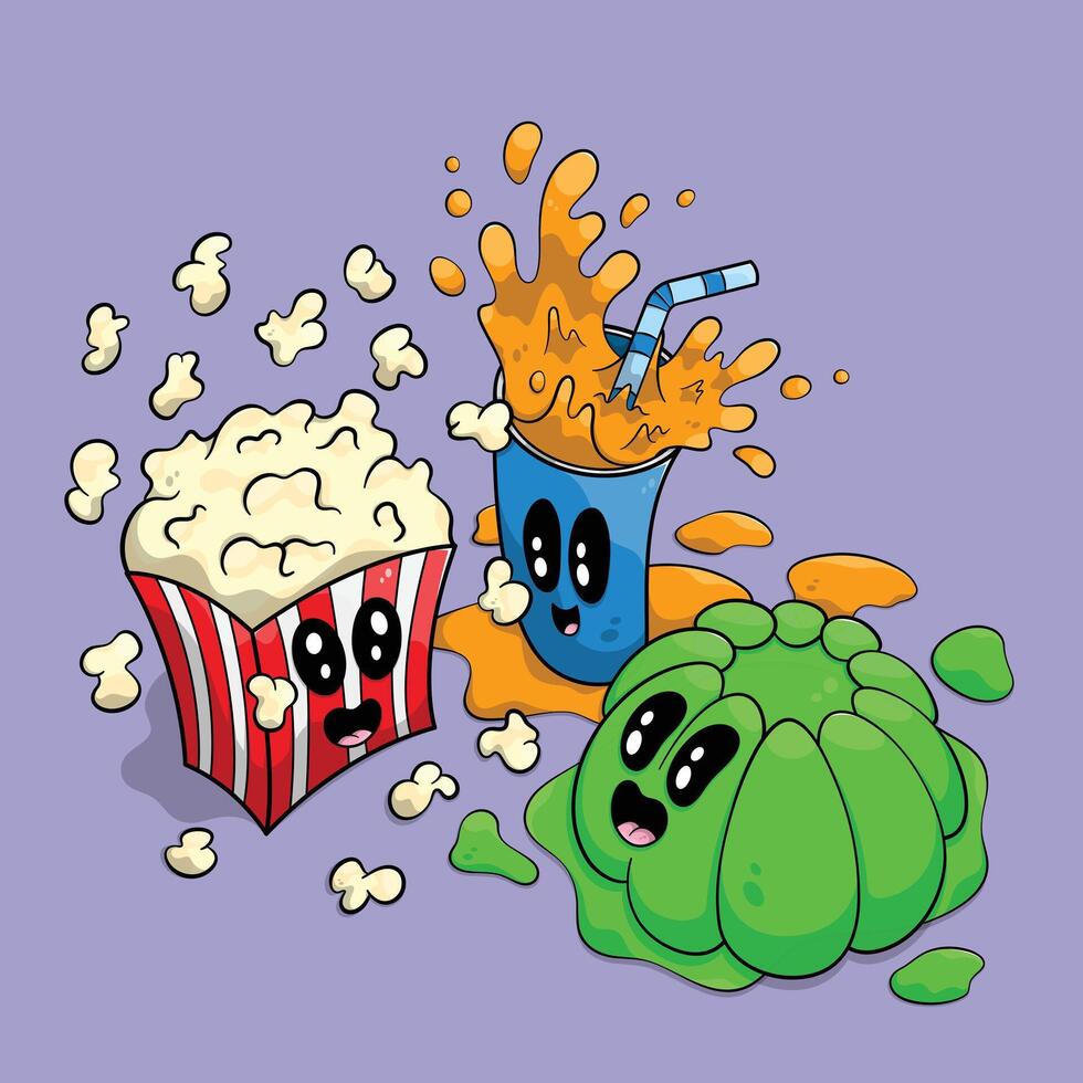 superiore Visualizza film notte, carino Popcorn benna, gelatina, e arancia succo tazza. vettore