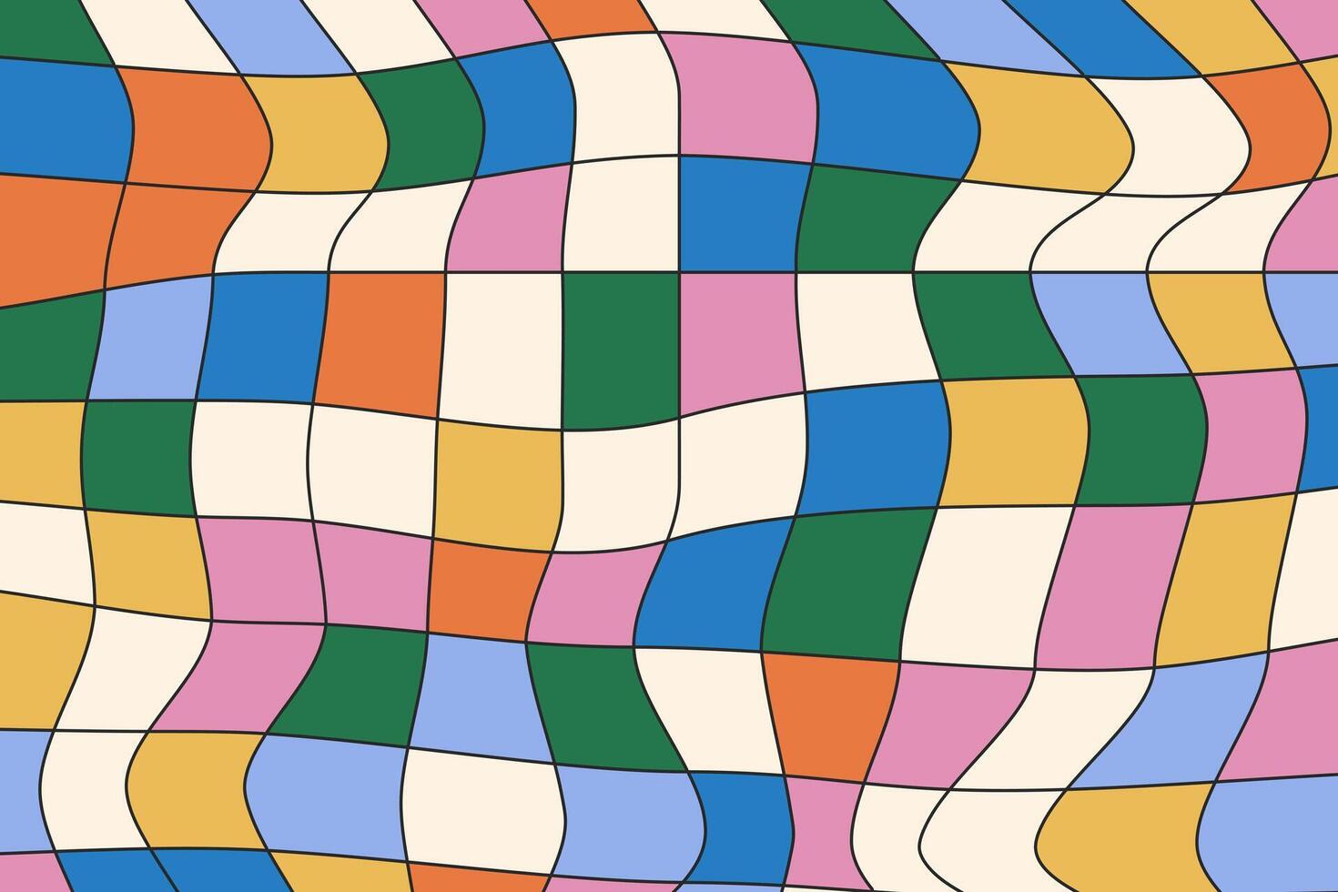 Groovy scacchi colorato sfondo. astratto contorto scacchiera retrò vettore modello. psichedelico flusso griglia. Vintage ▾ trippy design nel anni '70-'80 hippie stile