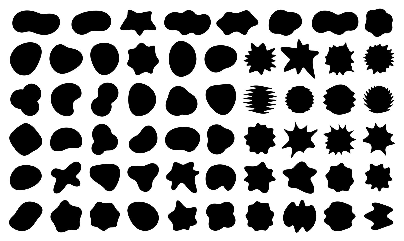 bloobs set di forme nere, macchie astratte casuali, silhouette a bolle nere, raccolta di forme liquide irregolari, fluido ondulato di inchiostro, punto artistico per lo sfondo, fumetto comico, illustrazione vettoriale