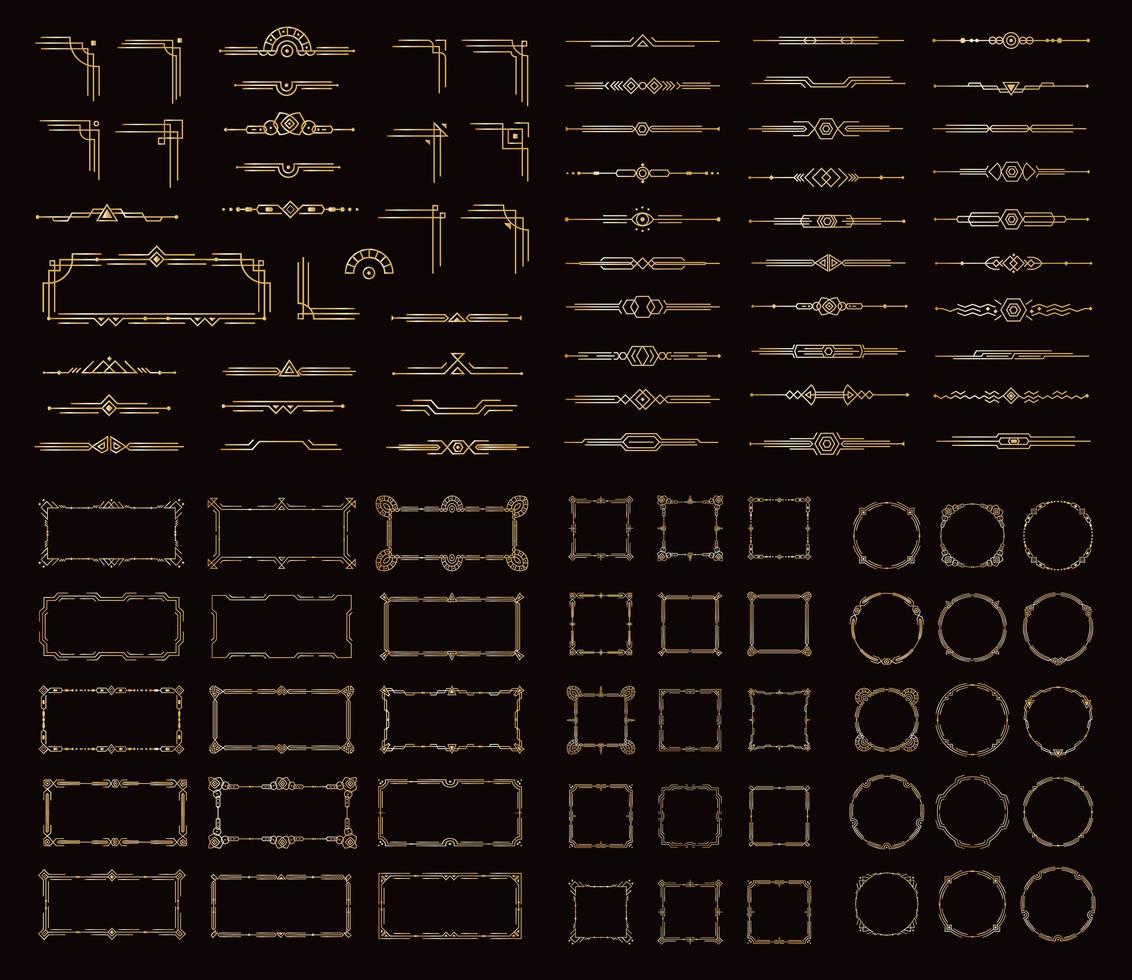 set di cornici e divisori art deco, bellissimo elemento decorativo dorato in stile vittoriano per menu antichi, biglietti vintage, biglietti di nozze, inviti, decorazioni classiche per libri, poster e striscioni. illustrazione vettoriale