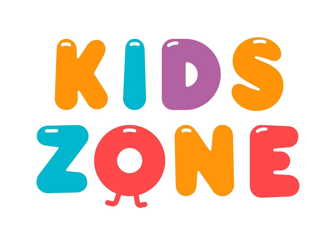 logo di vettore del fumetto della zona dei bambini. lettere colorate a bolle per la decorazione della stanza dei giochi dei bambini. iscrizione su sfondo isolato.