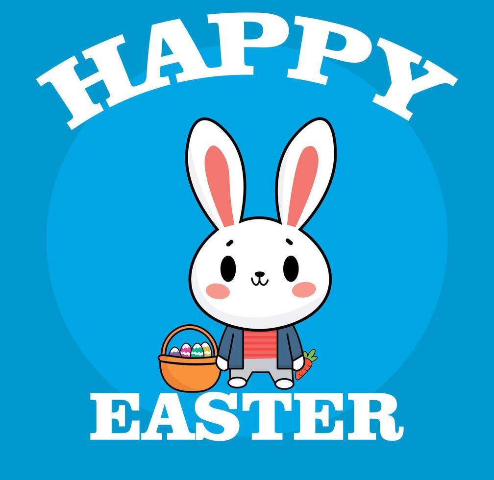 carino coniglio con cestino di uova, illustrazione, con il testo, contento Pasqua, vettore illustrazione