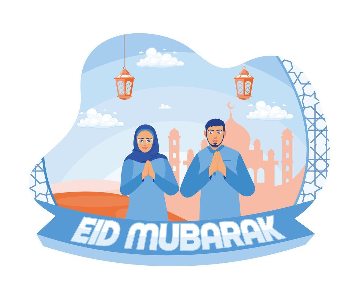 un' musulmano coppia è detto eid al-Fitr saluti con moschea decorazioni e lanterne. contento eid mubarak concetto. piatto vettore illustrazione.