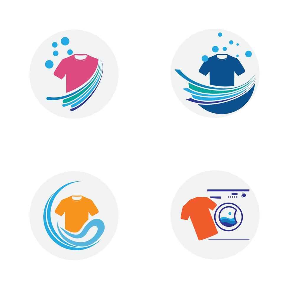 impostato di logo e simbolo design lavanderia icona lavaggio macchina con bolle per attività commerciale Abiti lavare pulisce moderno modello vettore