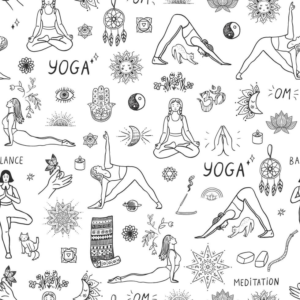 senza soluzione di continuità modello con yoga pose. salutare stile di vita. vettore illustrazione.