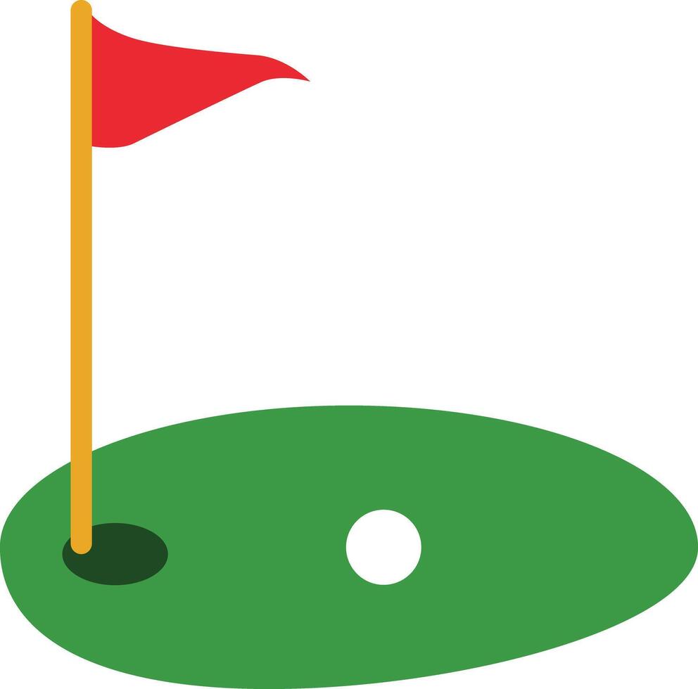 golf corso verde con bandiera icona. bandiera e golf palla cartello. golf rosso bandiera su verde erba e buco logo. golf corso simbolo. piatto stile. vettore
