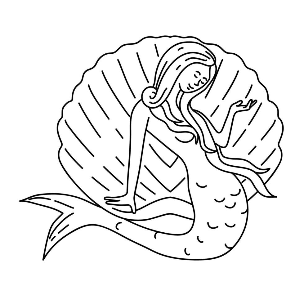 sirena con fluente capelli seduta su mollusco conchiglia mono linea arte vettore