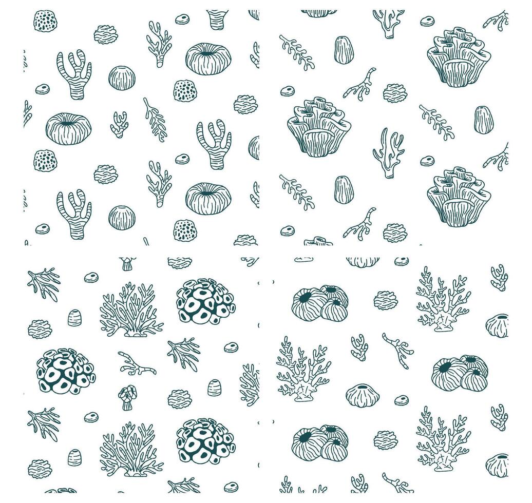 senza soluzione di continuità modello con schizzo di foca oceano vita organismi conchiglie, pesce, coralli e tartaruga. scarabocchio illustrazione per tessile e carta vettore