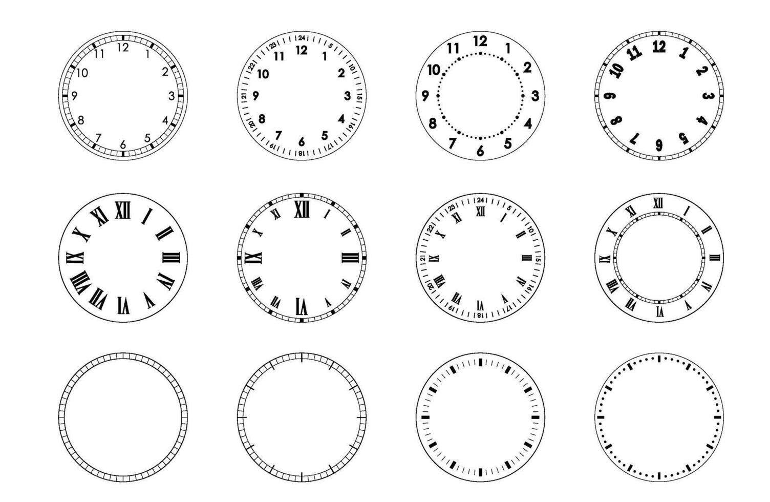 meccanico orologio facce, smussatura. vuoto misurazione cerchio scala con divisioni. cerchi di orologio facce per tempo vettore