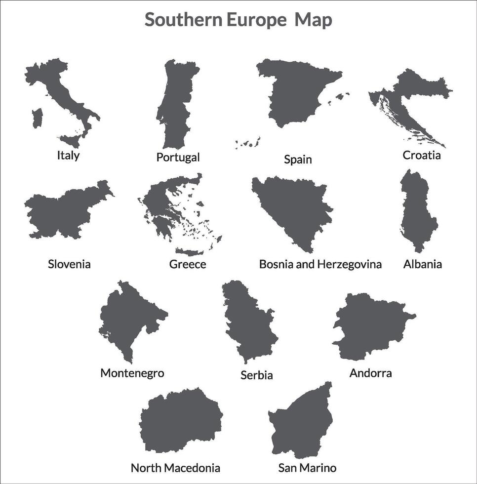meridionale Europa nazione carta geografica. carta geografica di meridionale Europa nel impostato grigio colore vettore