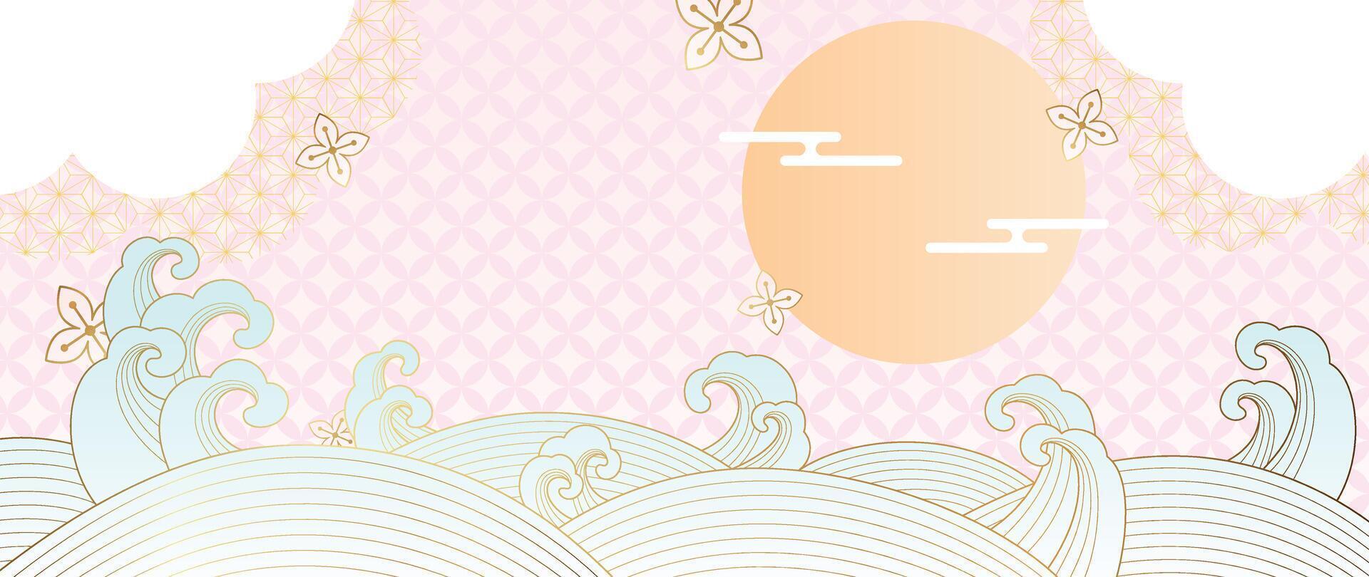 lusso oro orientale stile sfondo vettore. Cinese e giapponese sfondo modello design di elegante mare onda, fiore, Luna con pendenza oro linea struttura. design per decorazione, parete arredamento. vettore
