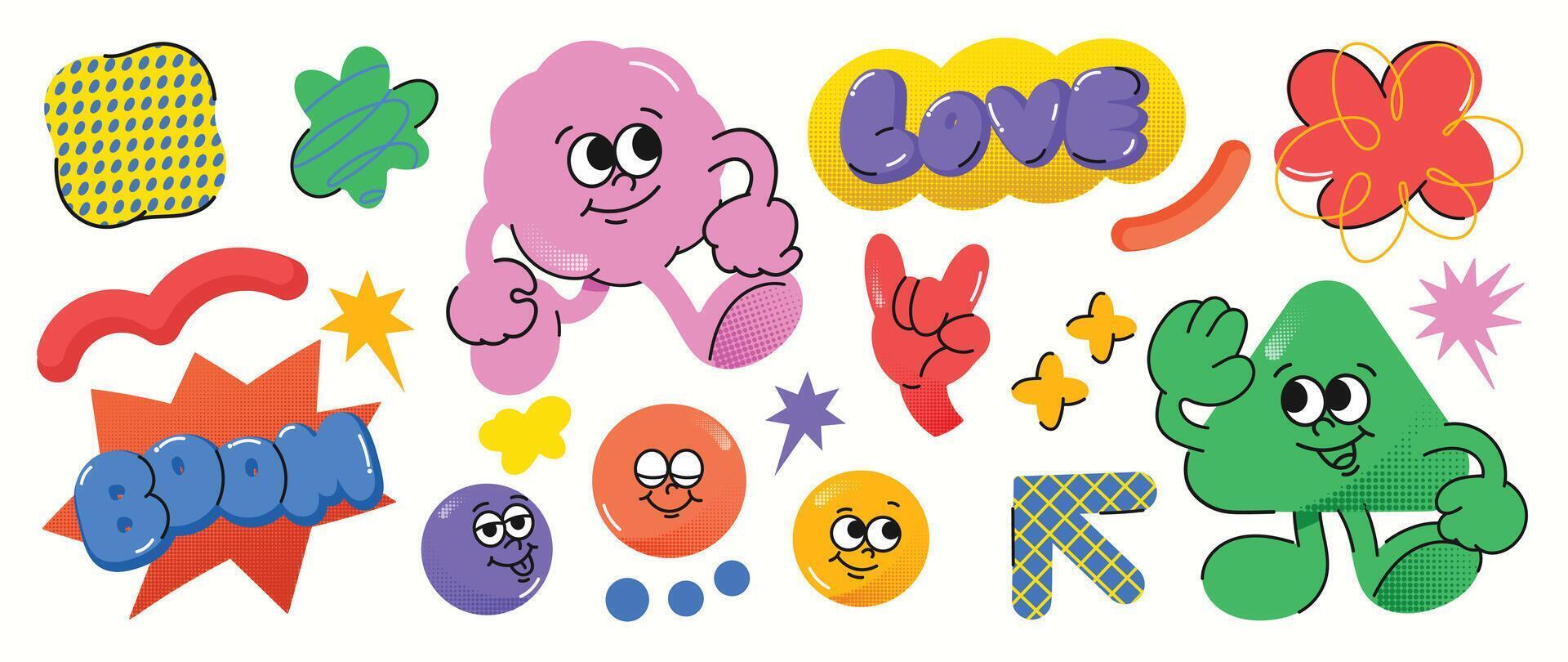 impostato di impaurito Groovy elemento vettore. collezione di cartone animato personaggi, scarabocchio Sorridi viso, fiore, sfera, freccia, mezzitoni struttura. carino retrò Groovy hippie design per decorativo, etichetta, bambini, clipart. vettore