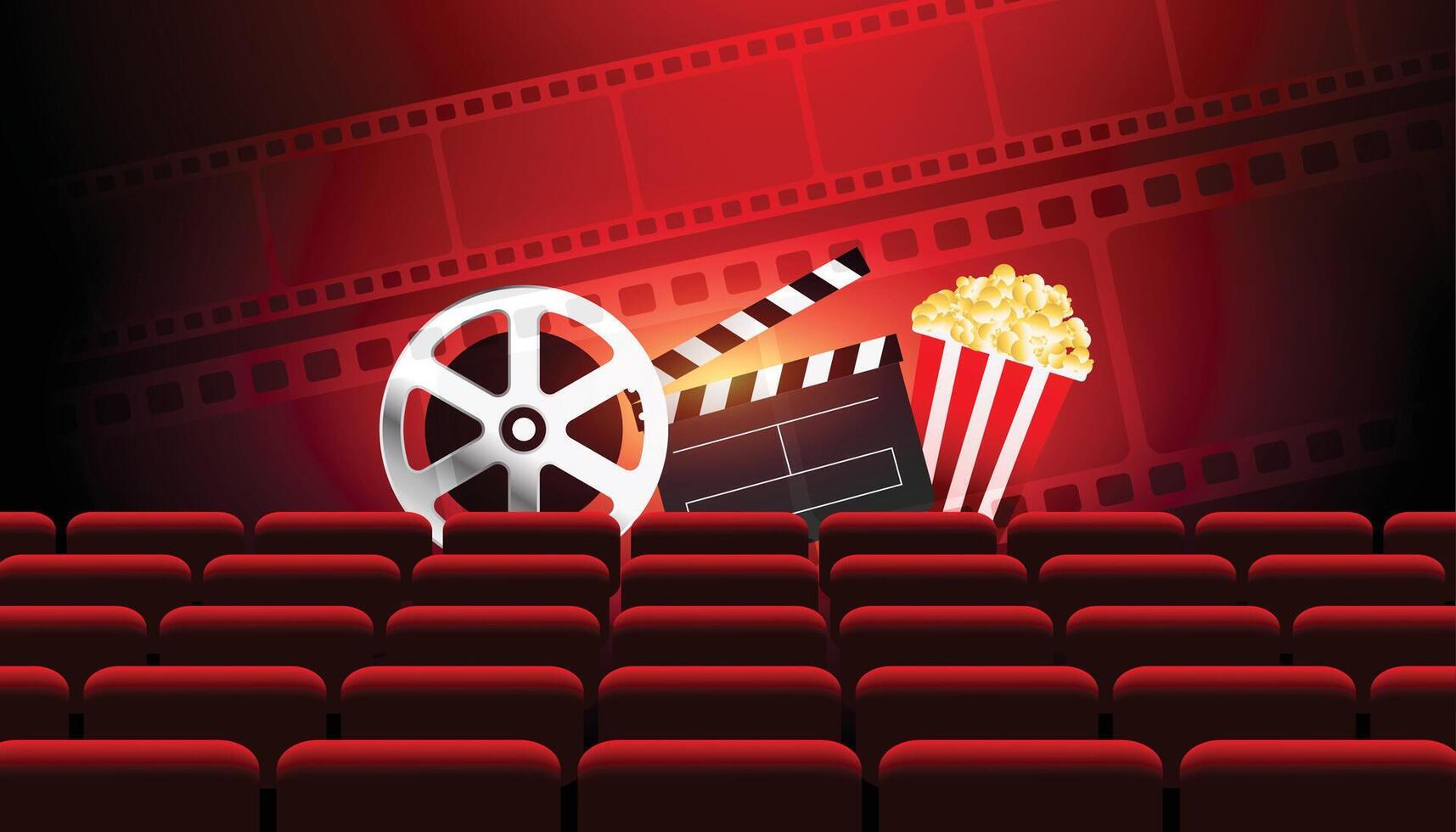cinema palcoscenico sfondo con ciak Popcorn e sedie vettore