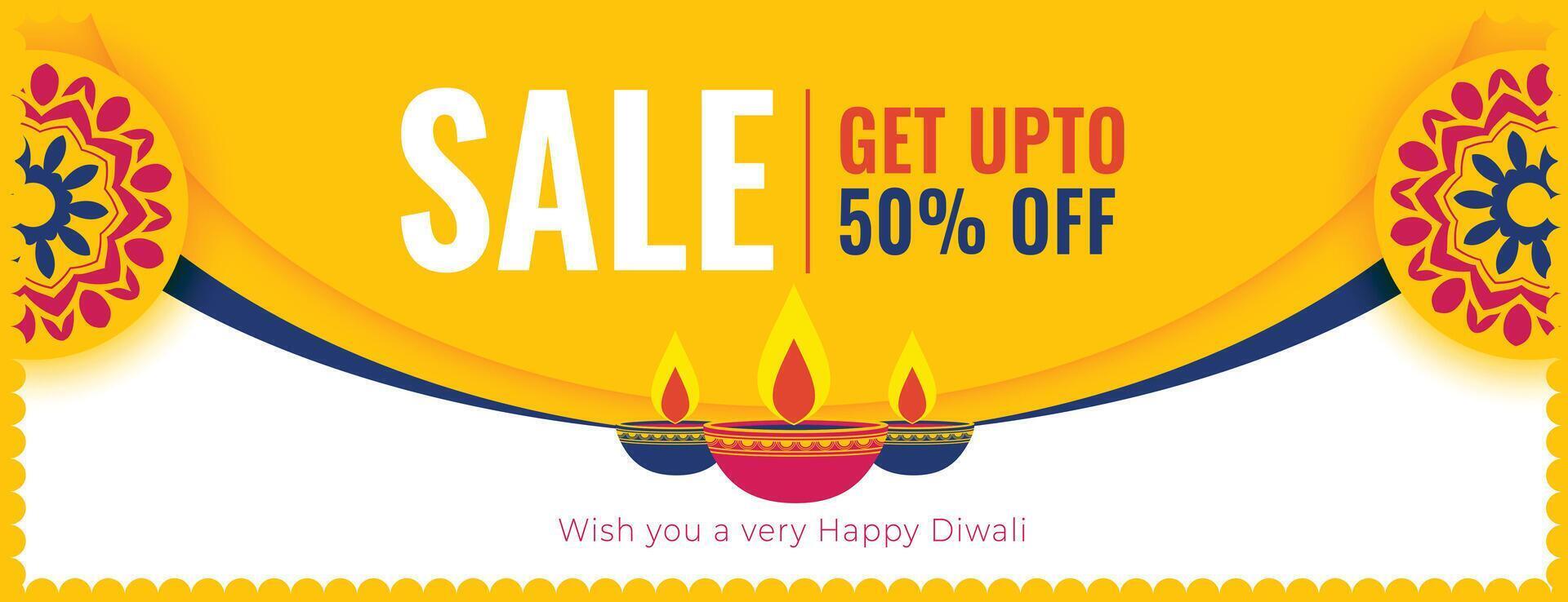 elegante shubh Diwali vendita bandiera con sconto dettagli e diya design vettore