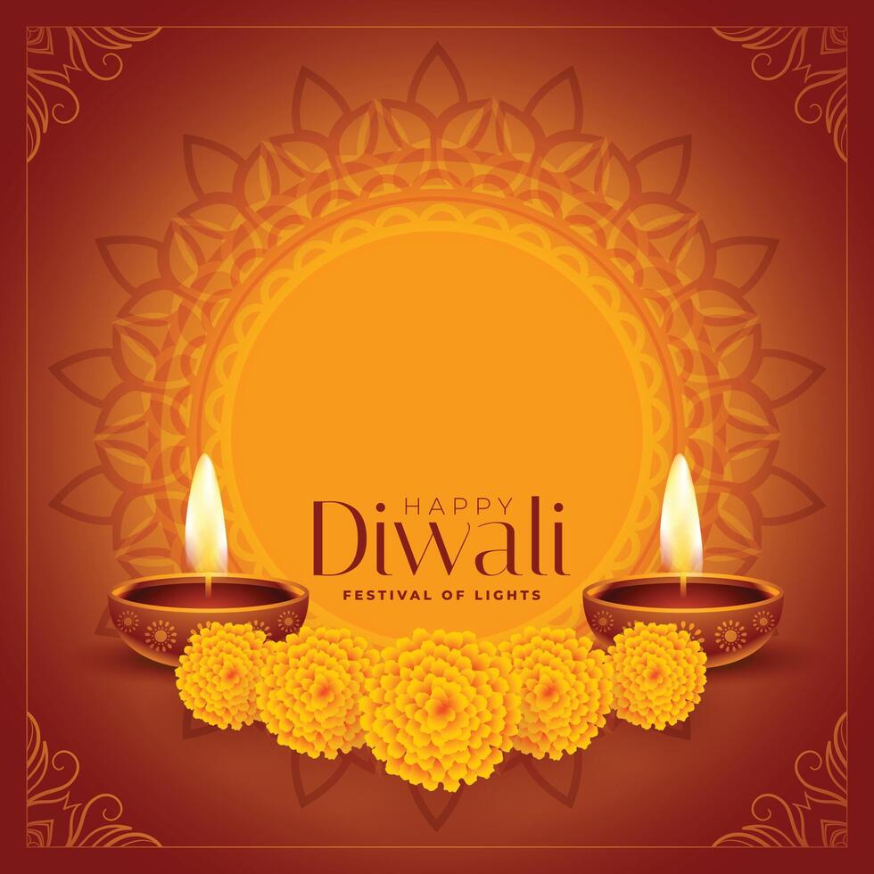 contento Diwali decorativo diya e fiori sfondo vettore