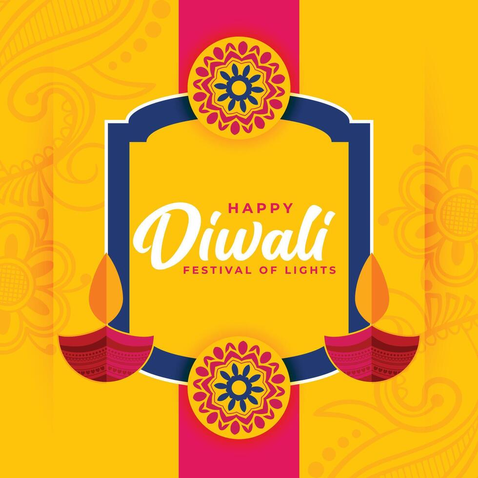 decorativo Diwali auguri carta con diya design nel piatto giallo colore vettore