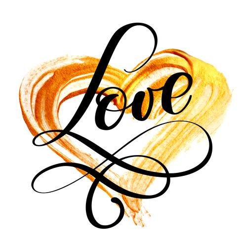 la calligrafia dell&#39;AMORE del testo fiorisce su una priorità bassa di un cuore dorato. Buon giorno Tipo di carattere carta di San Valentino. Tipografia di inchiostro divertente pennello per sovrapposizioni di foto t-shirt stampa poster design volantin vettore