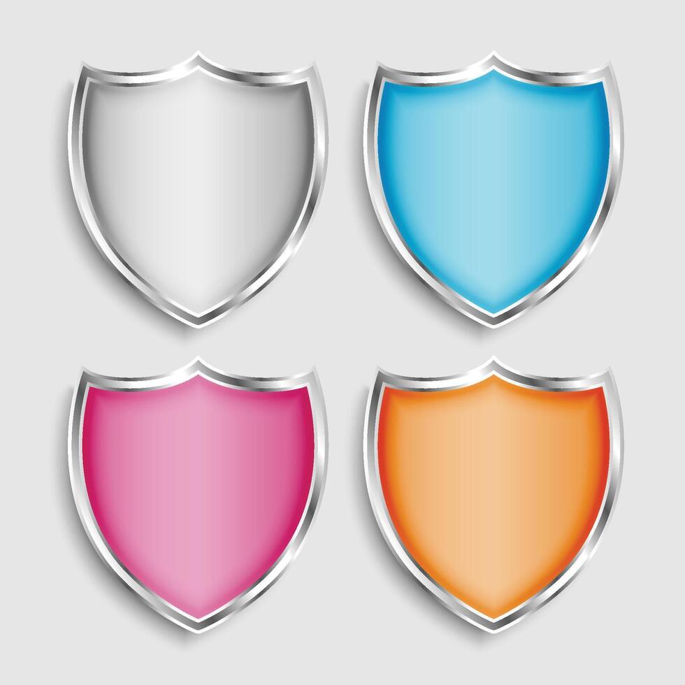 quattro brillante metallico scudo simboli o icone impostato vettore