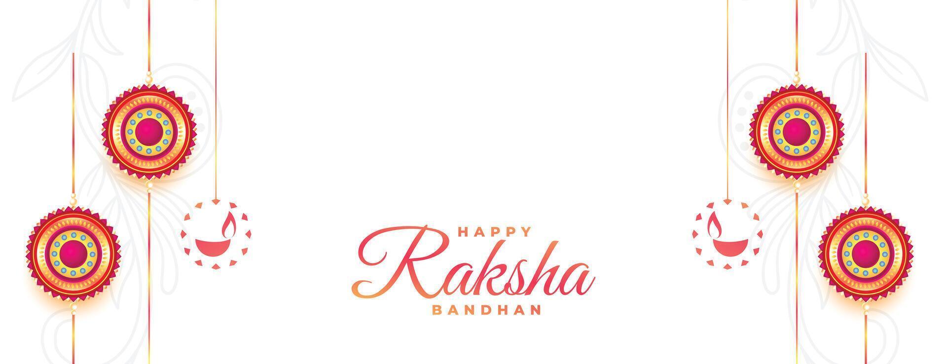 Raksha bandhan bianca Festival bandiera con rakhi e sospeso diya design vettore