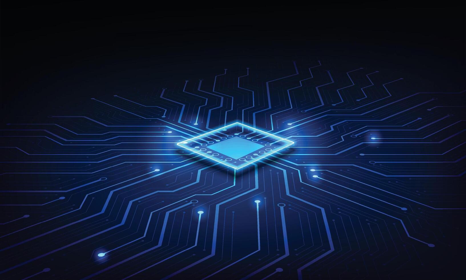 tecnologia astratta chip processore sfondo circuito stampato e codice html, illustrazione 3d sfondo tecnologia blu vettore. vettore