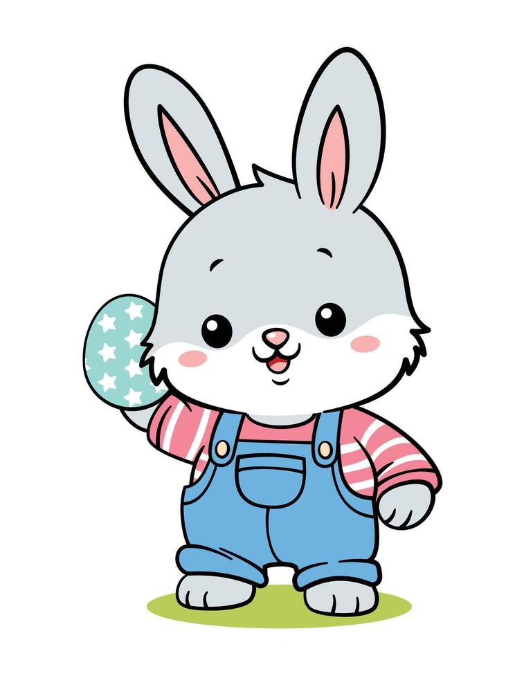 carino mano disegnato Pasqua coniglietto nel tuta da lavoro vettore